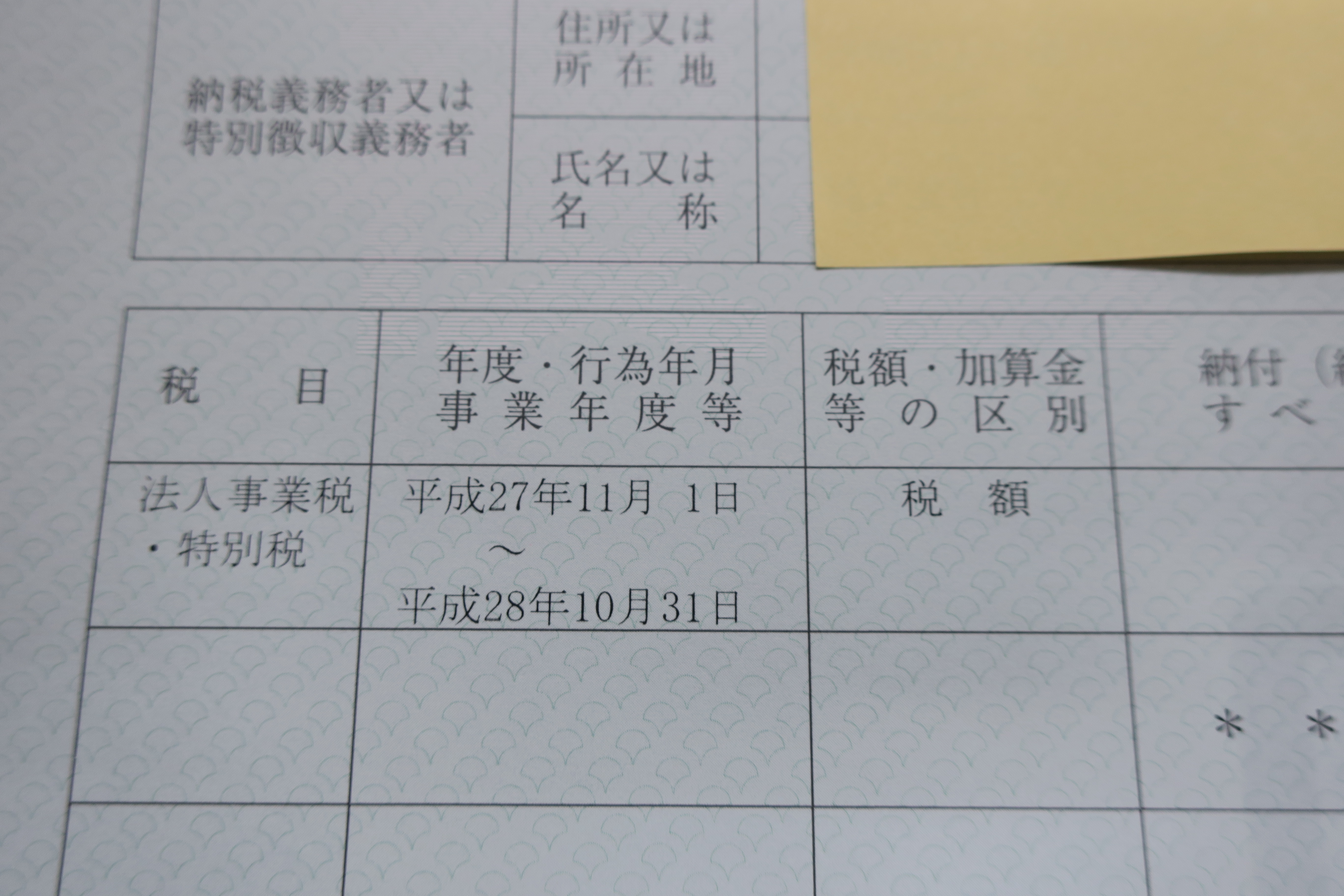 都道府県知事許可の場合には、「法人事業税」の納税証明書の添付が必要です。